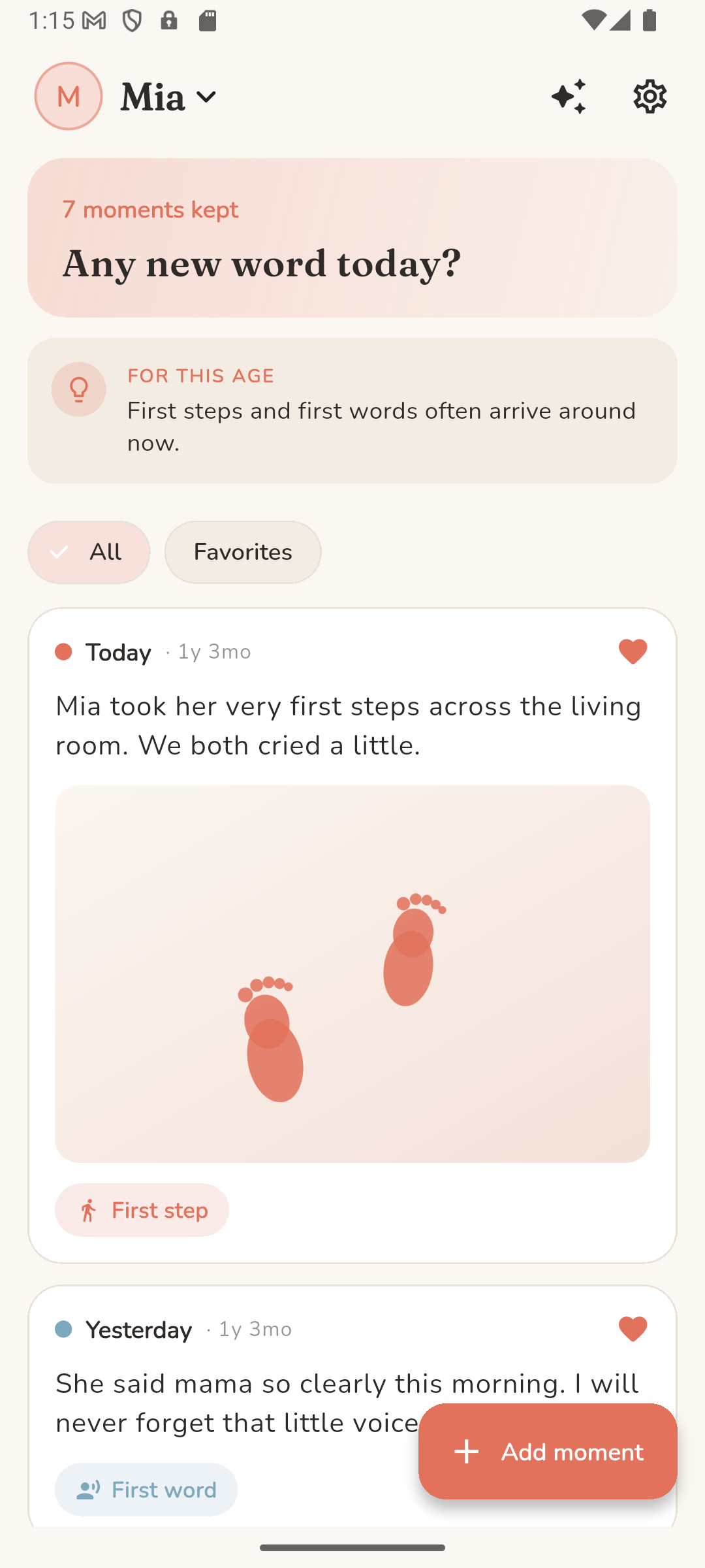 The Keepling timeline, showing saved moments for a child called Mia