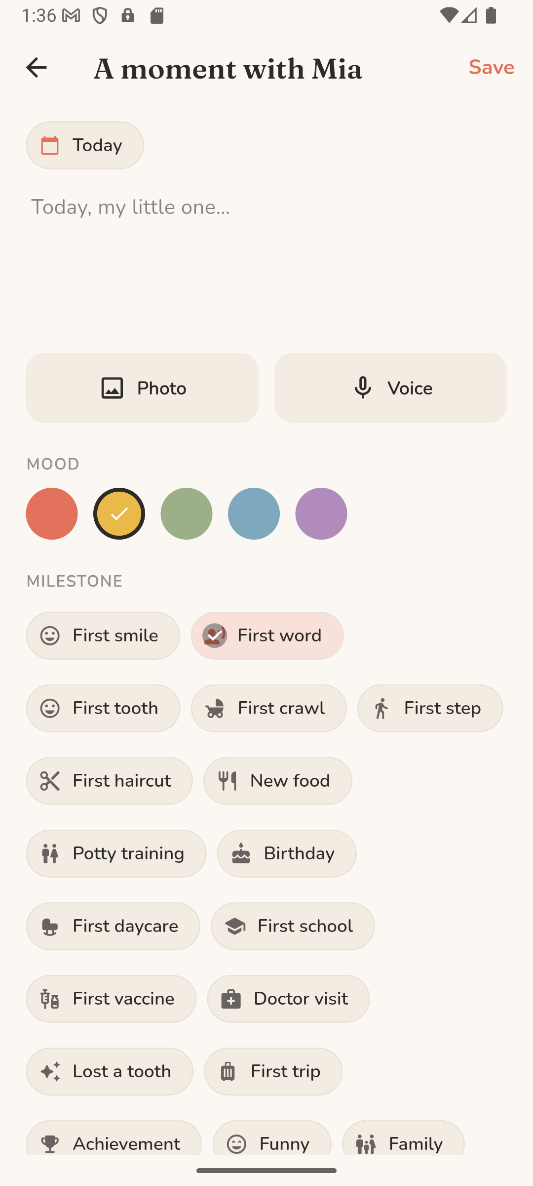 The capture screen, with a note, a photo, a mood and a milestone